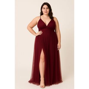 PLUS SIZE NWT Lulus Rare Beauty Burgundy Tulle Backless Maxi Dress